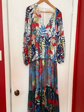 Hutch Vibrant Botanical V-Neck Maxi Dress in Blue, Red & Green